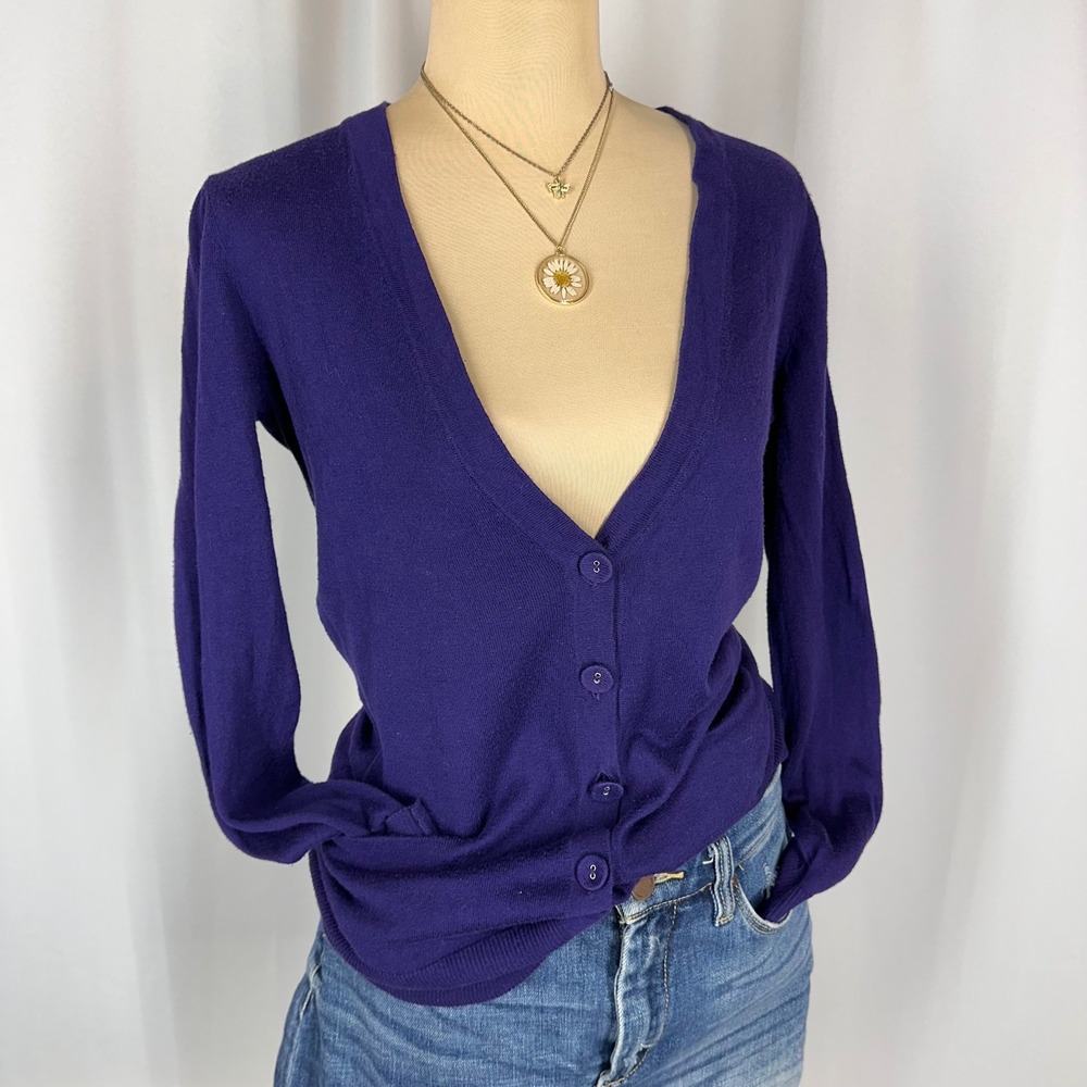Ann Taylor LOFT Purple Button‎ Front Cardigan Sweater Small V Neck Pockets